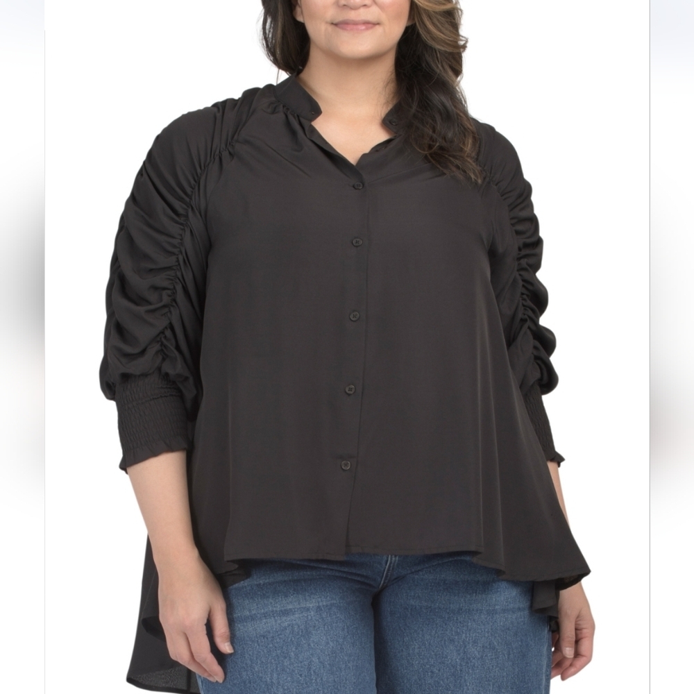 US Together Black Ruched 3/4 Sleeve Blouse